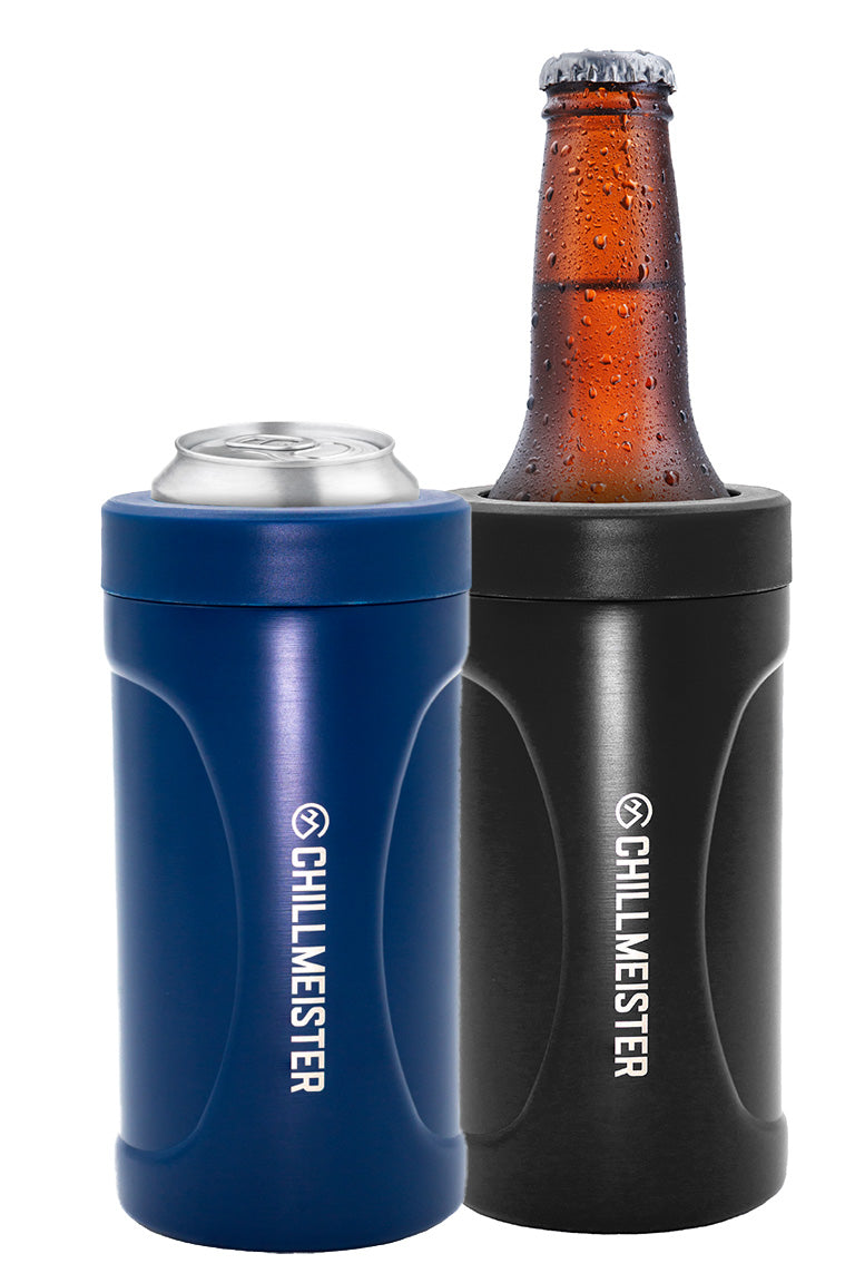 Two can coolers. A blue cooler witha aluminum can inside and a black cooler with a glass bottle inside.