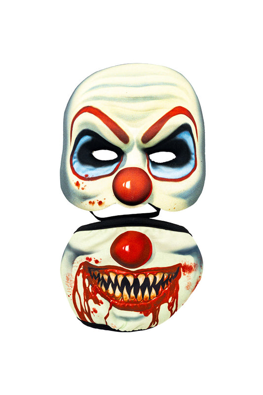 A 2 piece face mask of an clown design. One piece to cover the eyes and nose. The other separate piece to cover the mouth.