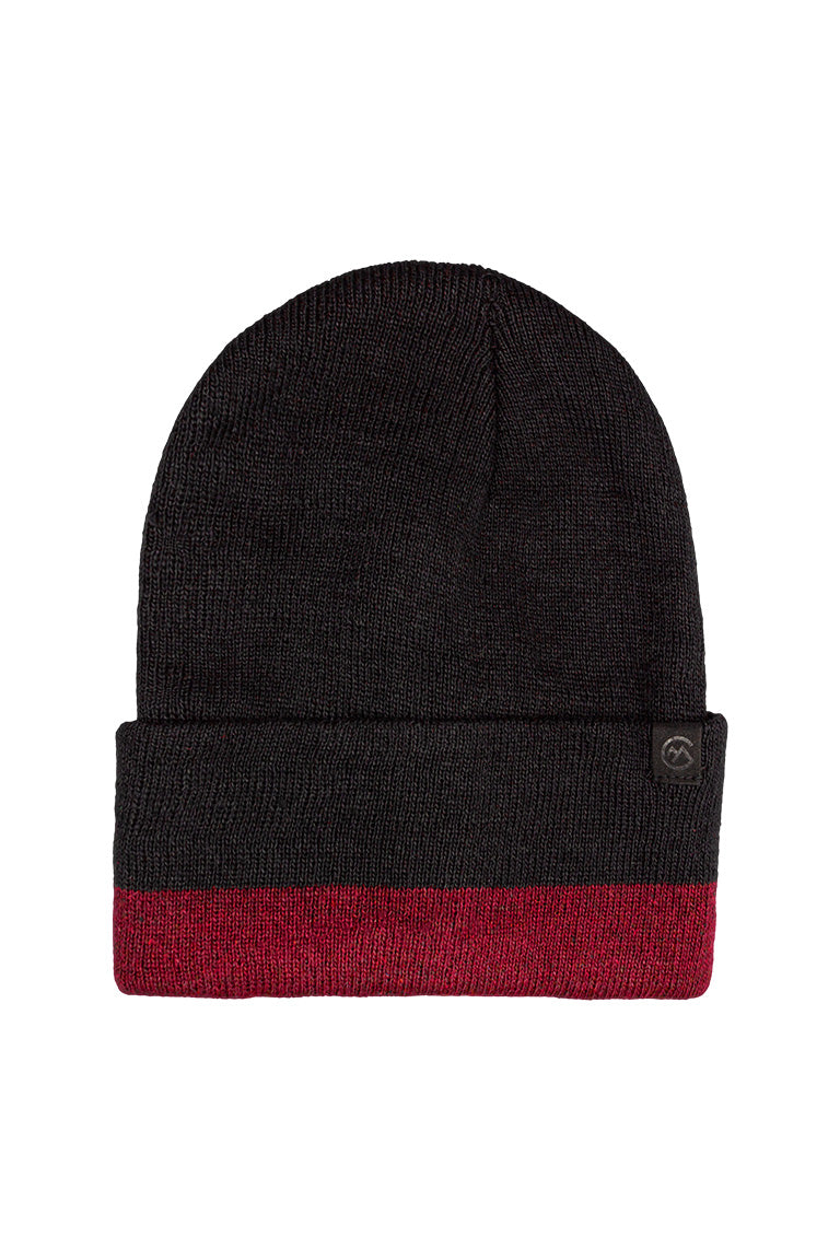 A black beanie with a burgundy color stripe around the base of the cap