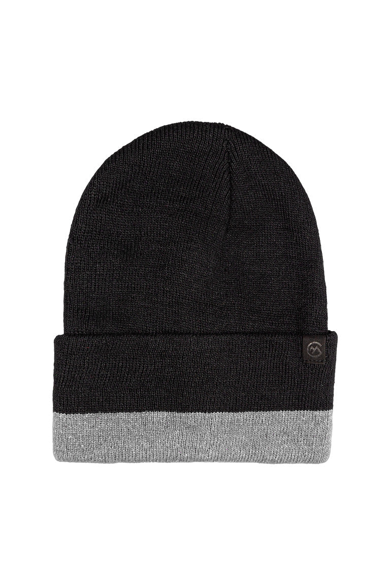 A black beanie with a gray color stripe around the base of the cap