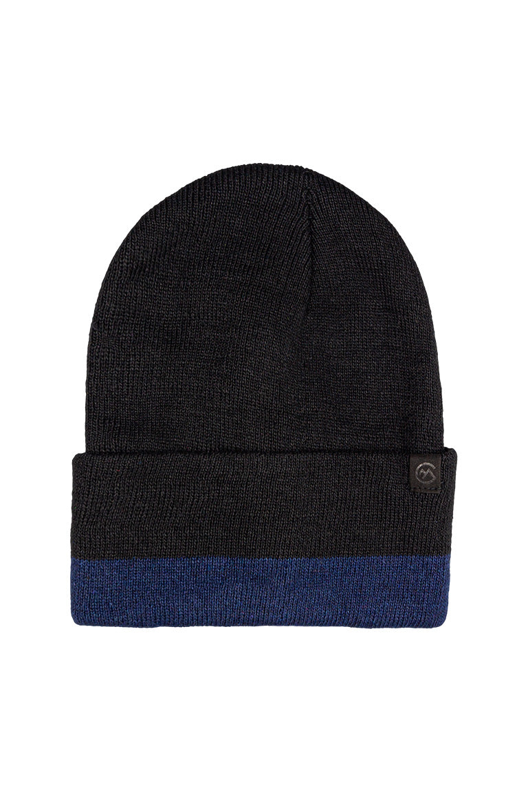 A black beanie with a navy color stripe around the base of the cap