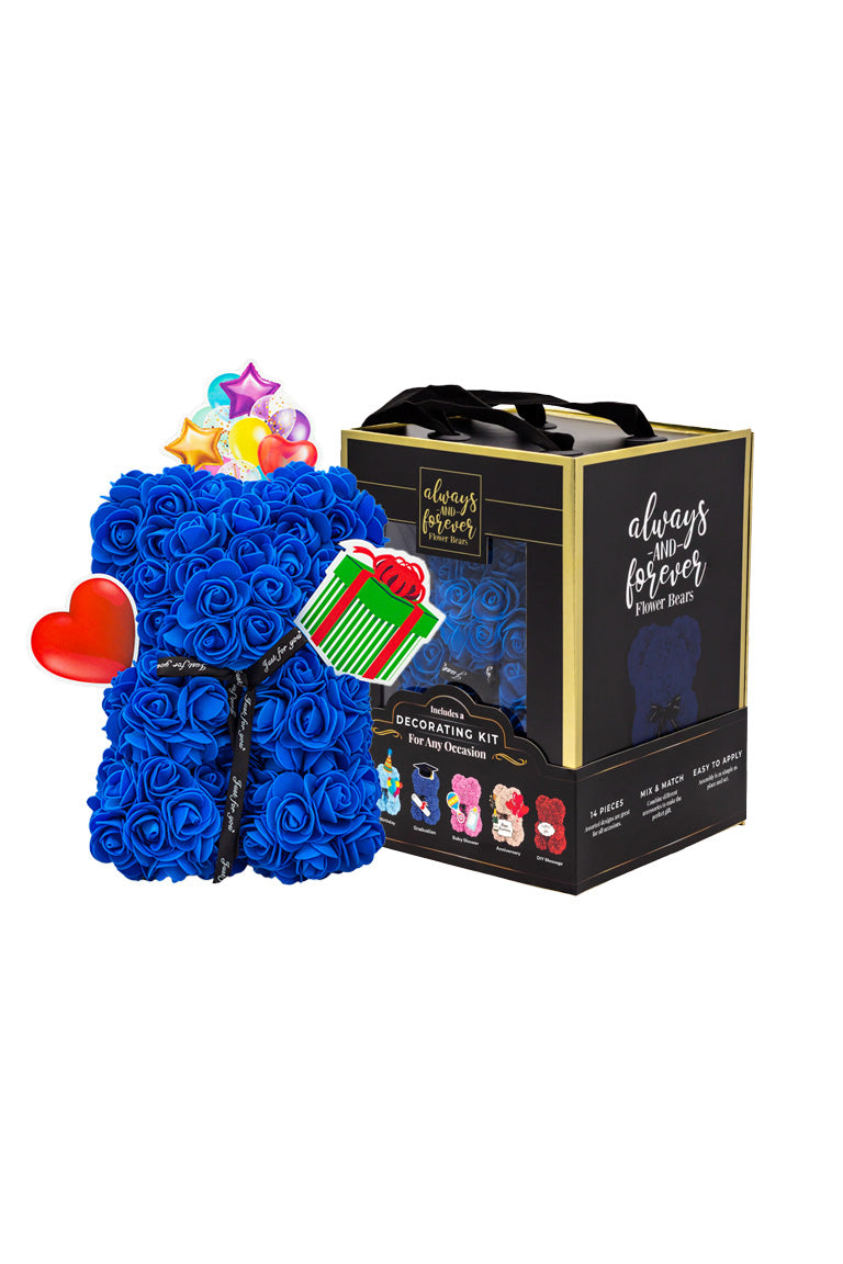 A flower bear decoration covered in navy blue foam shaped roses. With black packaging box next to it