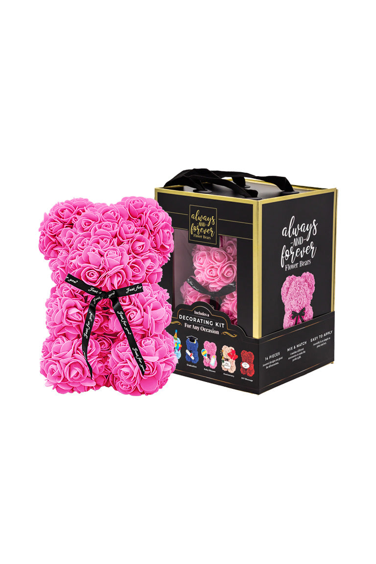 A flower bear decoration covered in pink foam shaped roses. With black packaging box next to it