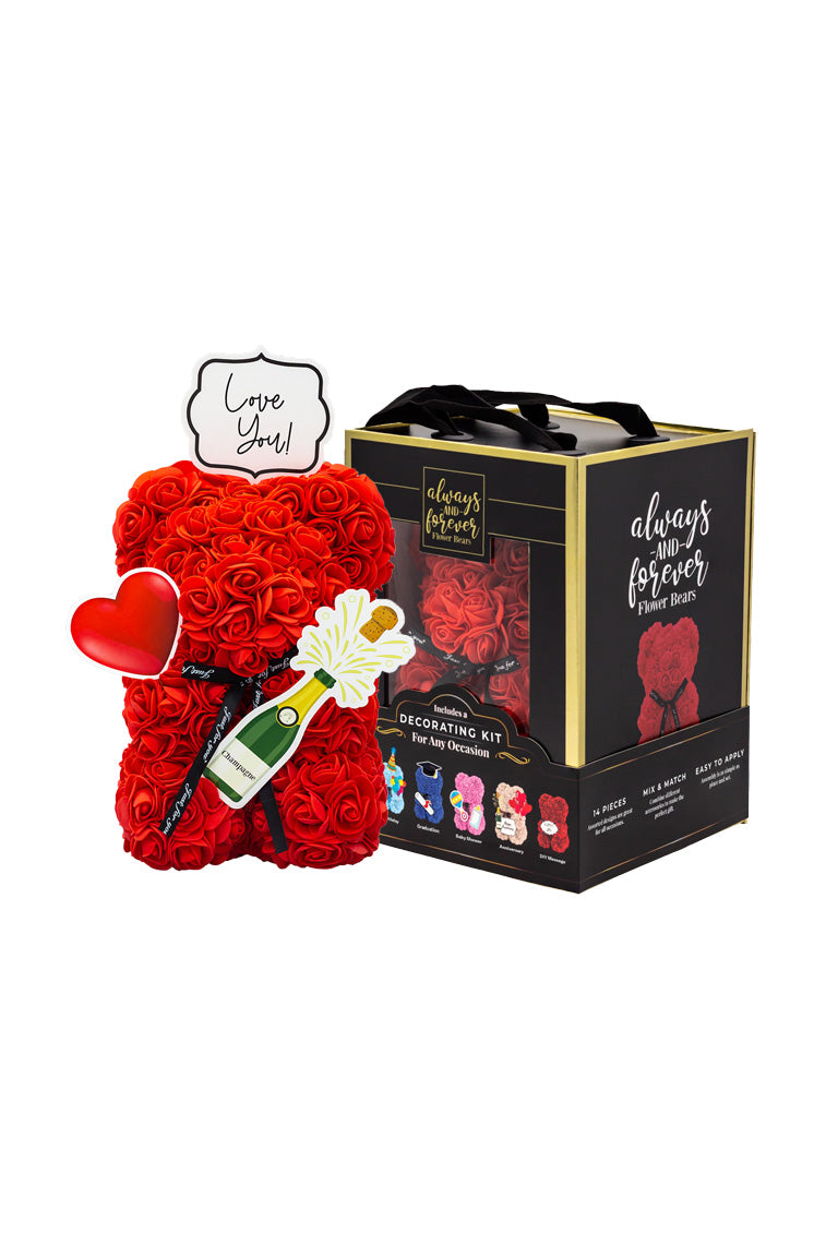A flower bear decoration covered in red foam shaped roses. With black packaging box next to it