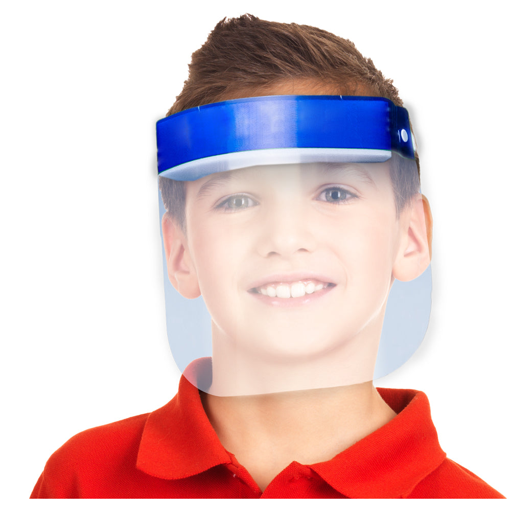 A child model wearing a kid face shield