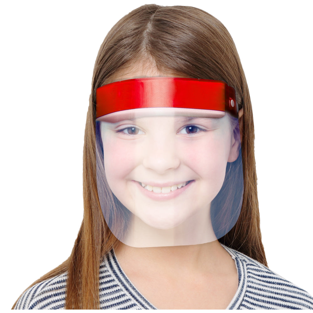 A female model wearing a kid face shield