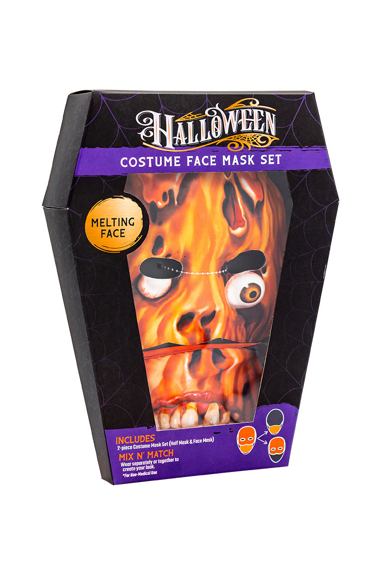 A 2 piece face mask of an melting face design. One piece to cover the eyes and nose. The other separate piece to cover the mouth inside a coffin shaped packaging box.