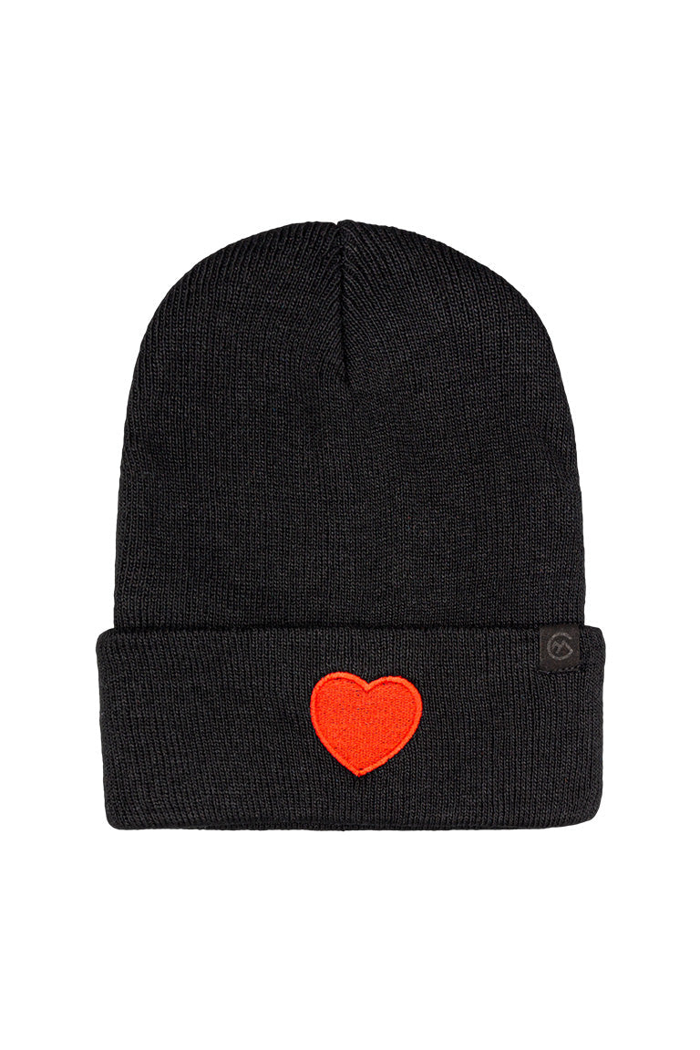 A black beanie with a patch of a bright red heart