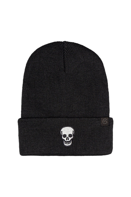 A black beanie with a patch of a black and white skeletal skull