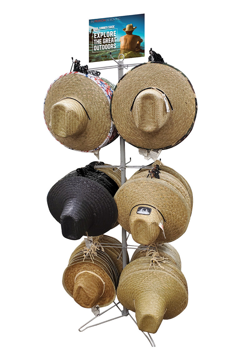 A display of various straw hats on a spinner display with a graphic signage on top.