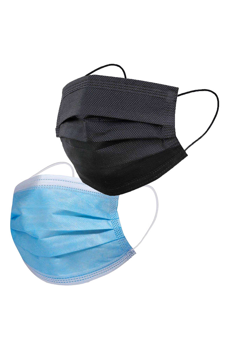 Two looking surgical face masks. One is all black and the other is blue and white