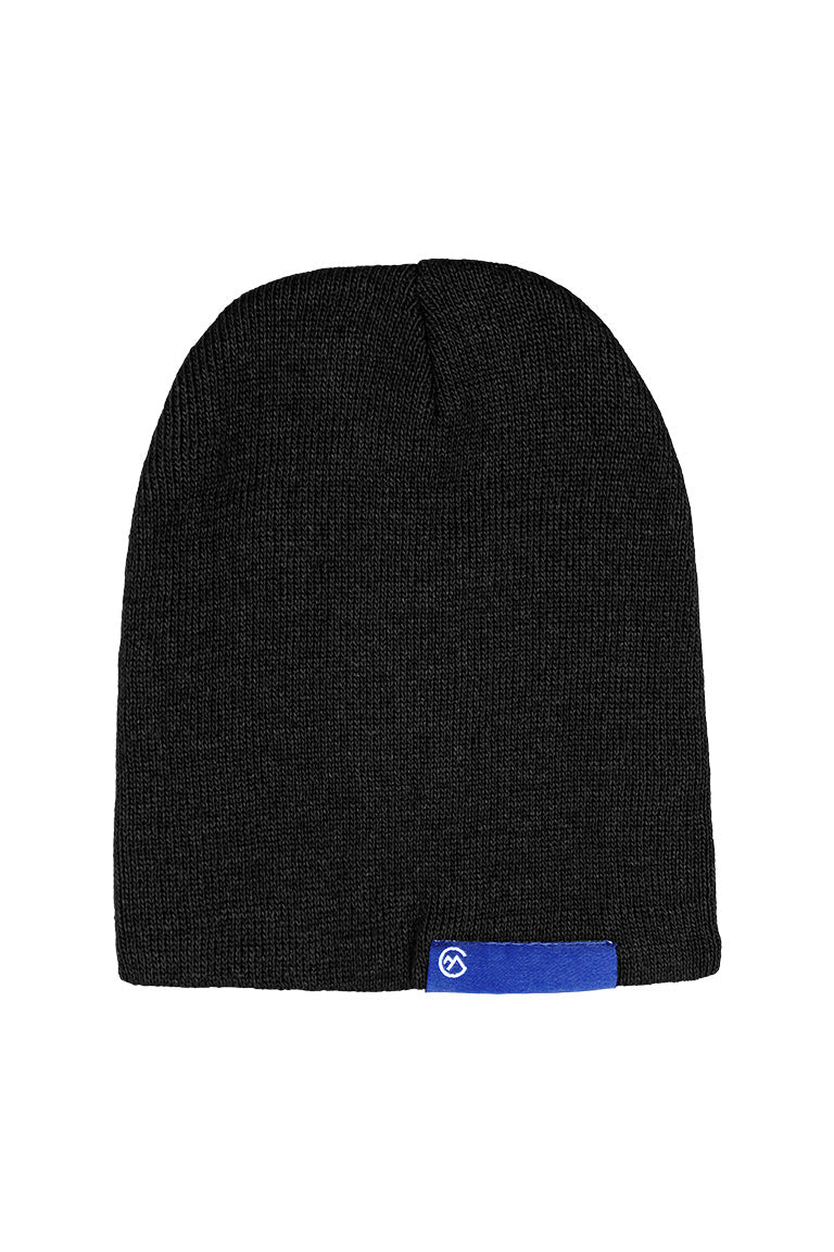 A black beanie with a blue small rectangle tag at the base of the cap