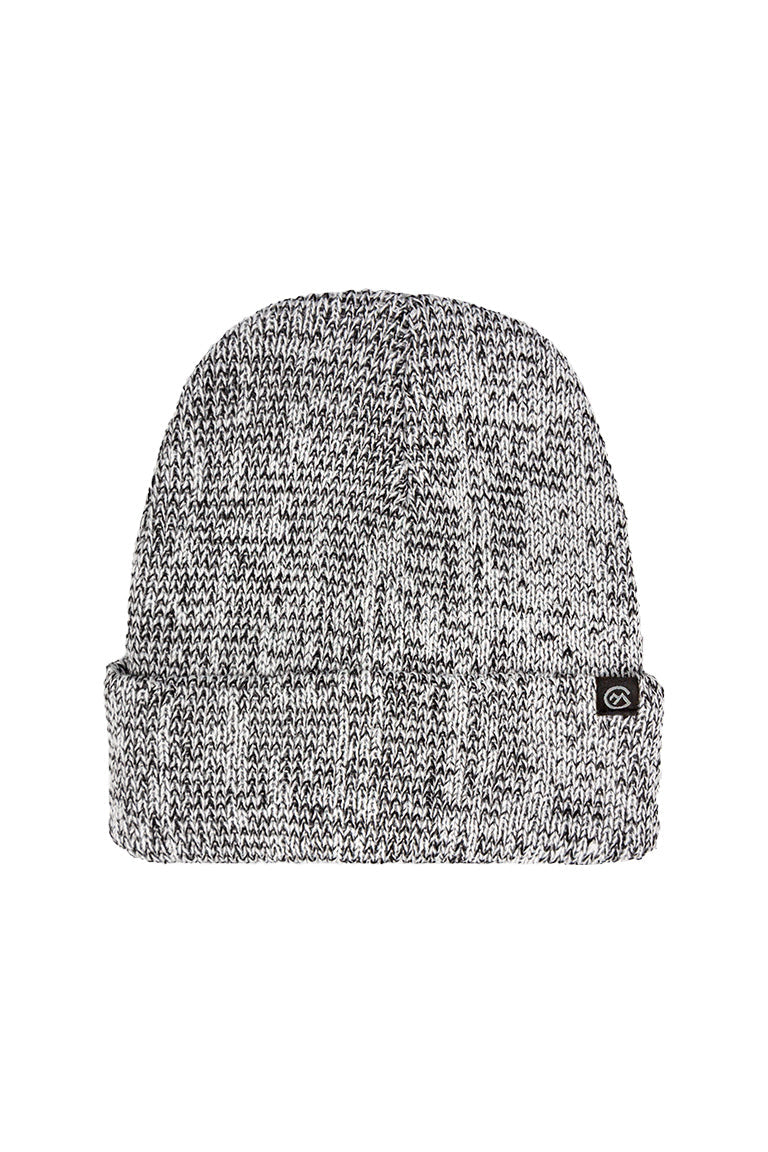 A two tone colored beanie of black and gray