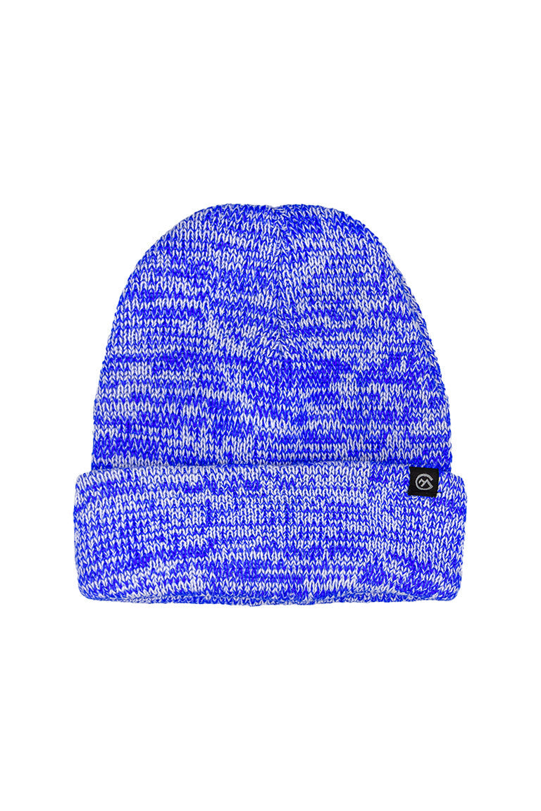 A two tone colored beanie of white and blue